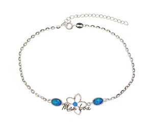 925 Sterling Silver Hawaiian Plumeria Flower Oval Opal Plate Anklet 8.5" + 2" - Picture 1 of 3