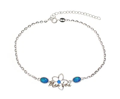 925 Sterling Silver Hawaiian Plumeria Flower Oval Opal Plate Anklet 8.5" + 2" - Image 1 of 3