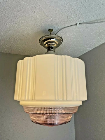 Antique Skyscraper Glass Shade On Nickel Fixture Cover