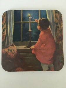 Pequeño Niño Iluminación Vela Bebida Posavasos Invierno Escena Noche Ventana Estuche de Madera - Imagen 1 de 3