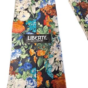 Vtg  Liberty of London Mens Necktie Black Bright Floral Archive Print Cotton Tie