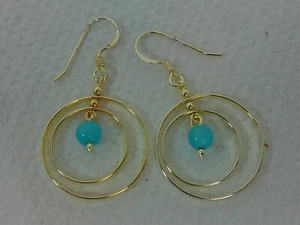 Orecchini Vintage MA Oro su Argento Sterling Moonglow Teal Bead Moving Doppio Cerchio - Foto 1 di 13