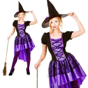 Ladies Glamorous Purple Witch Halloween Fancy Dress Costume UK 6-24 + Hat - Picture 1 of 7