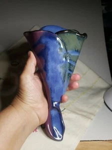 stoneware wall pocket, blue, green, purple with gold trim around the rim - Picture 1 of 9
