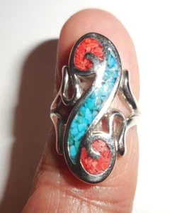 VINTAGE NATIVE VC STERLING SILVER RING SIZE 5 INLAY TURQUOISE CORAL DESIGN - Picture 1 of 6