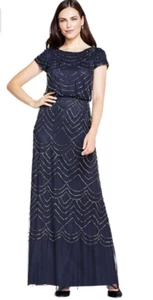 Adrianna Papell Blouson Perlen volle Länge Kleid Größe 8 Neu mit Etikett marineblau - Bild 1 von 15