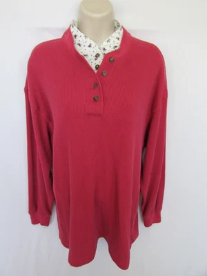 CHEROKEE WOMANS 1X pink white floral button waffled knit HENELY THERMAL SHIRT - Image 1 of 4