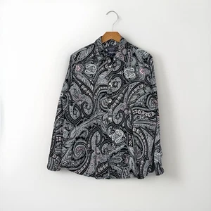 Chaps Women’s 1X Paisley Button Down Shirt Black Pink Office Casual Workwear - Picture 1 of 9