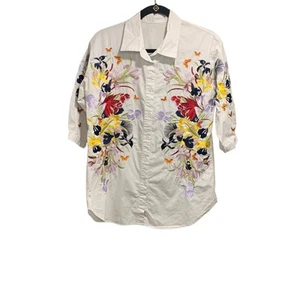 Markenlos Damen Boho Blumen Schmetterling bestickt 3/4 Ärmel Knopfleiste Top M - Bild 1 von 6