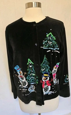 Cárdigan Suéter Michael Simon Navidad Terciopelo Negro Mujer Talla Grande Muñeco de Nieve Foto 1 de 4