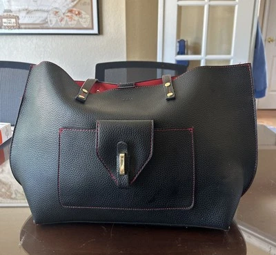 Bolso de Mano Tutilo NY Negro Guijarro Imitación Cuero Grande Doble Asa Interior Rojo Foto 1 de 4