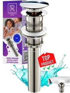 Brushed Nickel Pop Up Drain Without Overflow - 1.6"- 1.9" Universal Bathroom ... - Picture 1 of 9