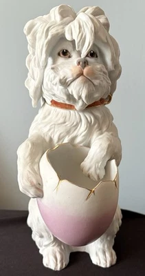 Large German Heubach Bisque Maltese Dog With Egg 9 3/4 in - Image 1 of 4