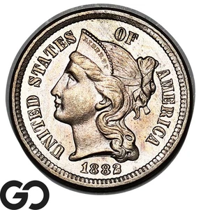1882 Three Cent Nickel PROOF, Very Sharp Solid Gem PR++ - Picture 1 of 3