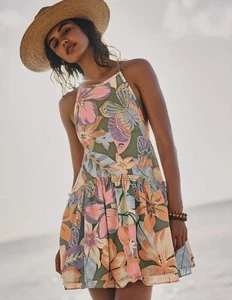 Free People Deserted Island Mini Dress Size M Green Pastel Floral Pockets - Picture 1 of 7