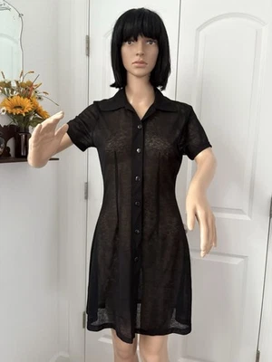 Vintage 90s Sheer Black Button Up Shirt Dress Mini Goth Grunge Whimsigoth XS SM - Image 1 of 4