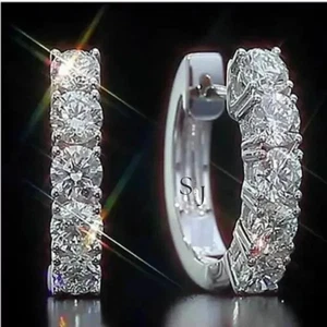 14K White Gold Plated 2CT Round Cut Lab Created Diamond Huggie Hoop Earrings - Picture 1 of 12