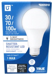 Utilitech 3-Way LED A19 Light Bulb, 4/10/13.5 Watts - 40W 70W 100W Equivalent - Picture 1 of 4