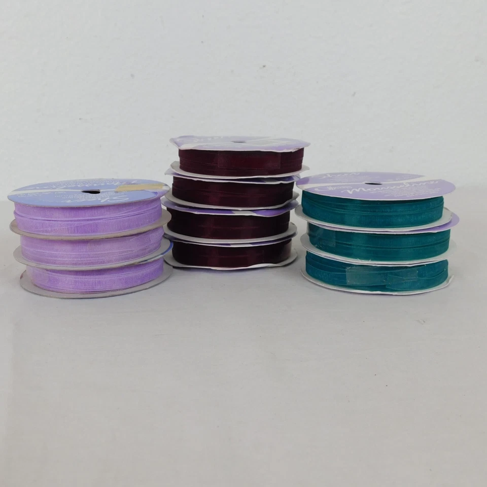 10 Rolls Offray Sheer Ribbon Polyester Nylon Green Purple Maroon 1/4" x 5 Yards - Image 1 of 4