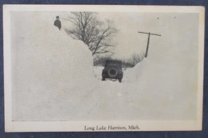 ca 1940 Long Lake Harrison Michigan Straße Tiefschnee & Auto Postkarte - Bild 1 von 2