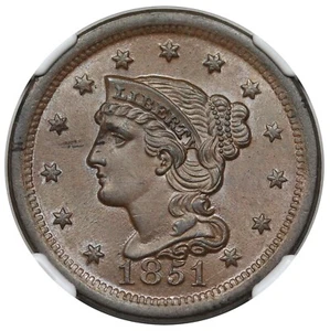 1851 Braided Hair Large Cent, N-10, NGC MS63BN - Picture 1 of 3