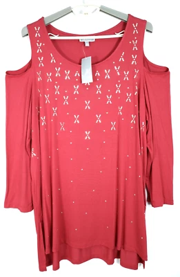 NWT JM COLLECTION Women's Polyester Blouse Cold Shoulder Sleeve Beaded Red Sz 2X - Image 1 of 4