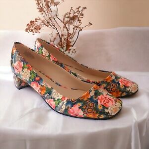 Nine West Floral Print Heels 8.5M Pumps Shoes Patent Retro Look Low Block Heels 