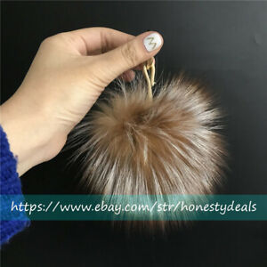 10cm 4" Golden Crystal Brown Real Fox Fur Bag Charm Pom pom Fur Ball Keychain