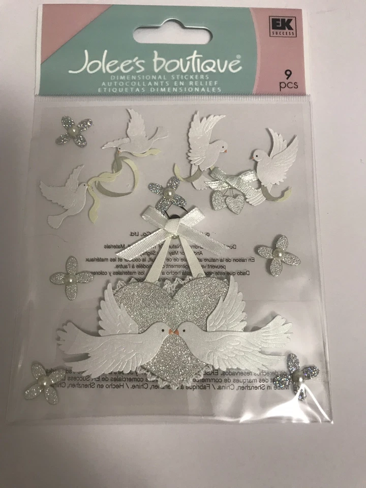 Jolees WHITE DOVES Boutique Stickers WEDDING LOVE Marriage Dove Release Heart 3d - Image 1 of 4
