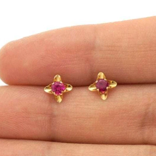14k Yellow Gold Ruby Flower Baby Screwback Stud Earrings 5mm - Image 1 of 4