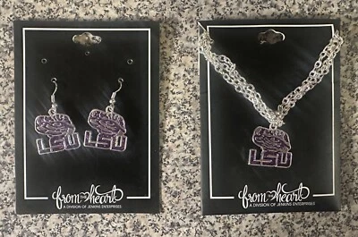 LSU Game Day NCAA Purple Glitter Necklace Licensed Matching Earrings - Image 1 of 3