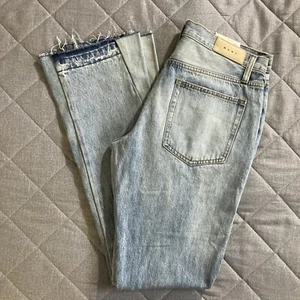 MNML Mens Flare Denim Jeans Mens 32 (33x35) Light Wash Blue Distressed Raw Hem - Picture 1 of 19