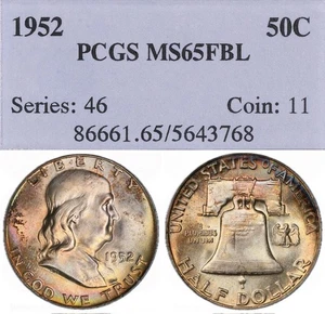 MS65FBL 1952 50C Franklin Silver Half Dollar, PCGS Old Holder - Rainbow Toned - Bild 1 von 8