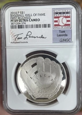 2014 P 1$ Baseball H.O.F. Early Releases NGC PF69 Ultra Cameo Tom Lasorda Silver - Image 1 of 2