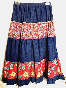 Vintage Boho Skirt Denim & bright patchwork flower border Pheasant midi skirt S - Picture 1 of 4