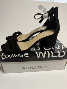 Wild Diva Damen-Sandalen schwarz Knöchelriemen Blockabsatz Größe 7 offene Zehenpartie Kunst-Wildleder - Bild 1 von 8