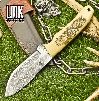 LMK Hot Item Skinner Knife Twist Damascus ScrimShaw Bone Fishing Unique - Image 1 of 4