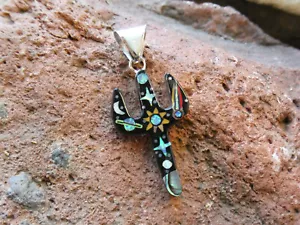 Saguaro Galaxy Night Sky Sun Stars Multi Gemstone Sterling Silver Pendant AK23 - Picture 1 of 8