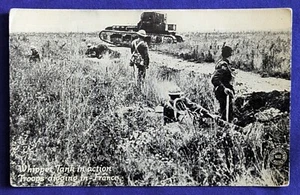 1917 WWI RPPC Real Photo Postcard "Whippet Tank in Action" Battlefield Soldiers - Picture 1 of 2