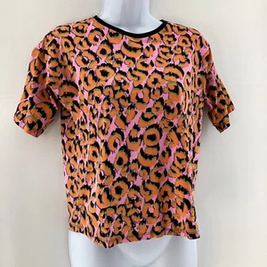 ASOS Orange Pink Leopard Print T-Shirt Size 8 Animal Graphic Stretch Tee - Picture 1 of 9