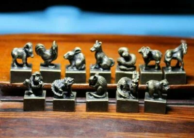 Bronze Chinese Zodiac Animal Rat Mice Ox Tiger Goat Seal Stamp Signet Set M012 - Image 1 of 4