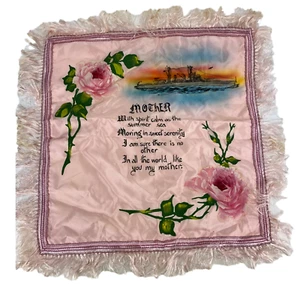 VTG NAVY Mother Souvenir Satin Pillow Cover WWII w/ OG Handpainted Roses! - Picture 1 of 8