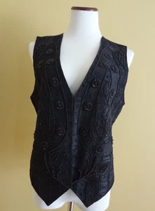 Splendido gilet in seta con perline davanti nero collezione Liz Claiborne nuovo con etichette taglia Large - Foto 1 di 11