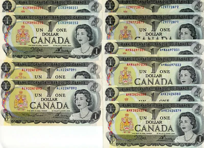 Bank of Canada 1973 $1 One Dollar Lot of 5 Consecutive Pairs EF+/AU  $10 Face - Image 1 of 2