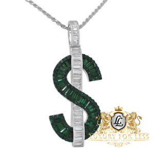 Baguette 14k Gold On Real Silver Green $ Sign Cash Money Charm Pendent Chain Set