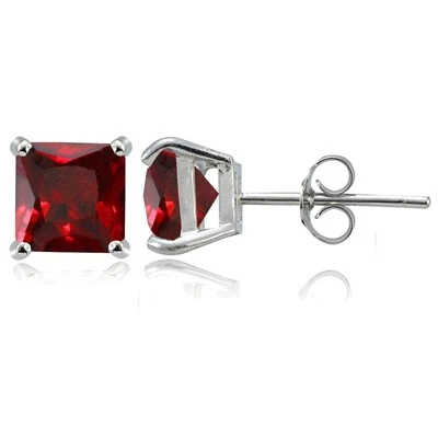 Sterling Silver Created Ruby 7mm Square Stud Earrings - Image 1 of 3