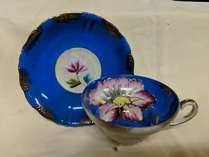 Royal Sealy Japan Blue Lustreware Teetasse mit Fuß & Untertasse Goldrand rosa Blume - Bild 1 von 4