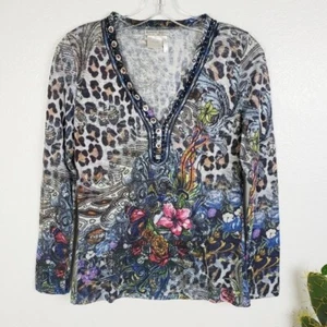 Alberto Makali Y2K Top Mixed Media Floral Tattoo Animal Print Knit Henley size L - Picture 1 of 12