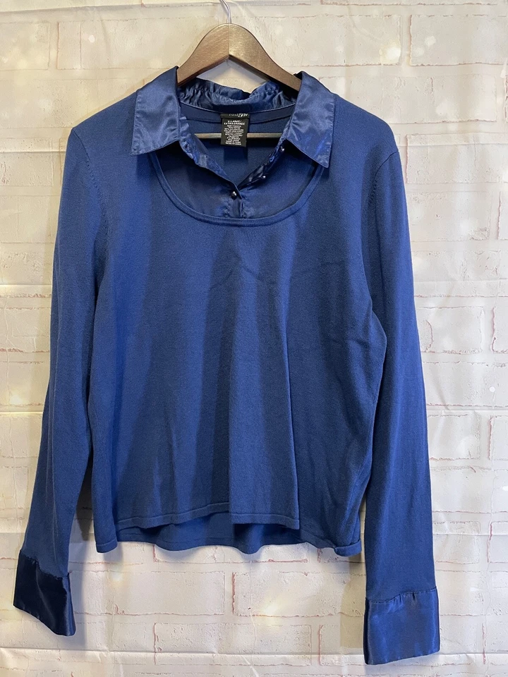 Blusa East 5th XL Azul Tejido Top con Cuello y Puños de Seda Manga Larga Foto 1 de 4