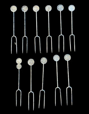 Juego de 11 tenedores de cóctel antiguos chinos de plata entremeses oliva limón selecciones Foto 1 de 4